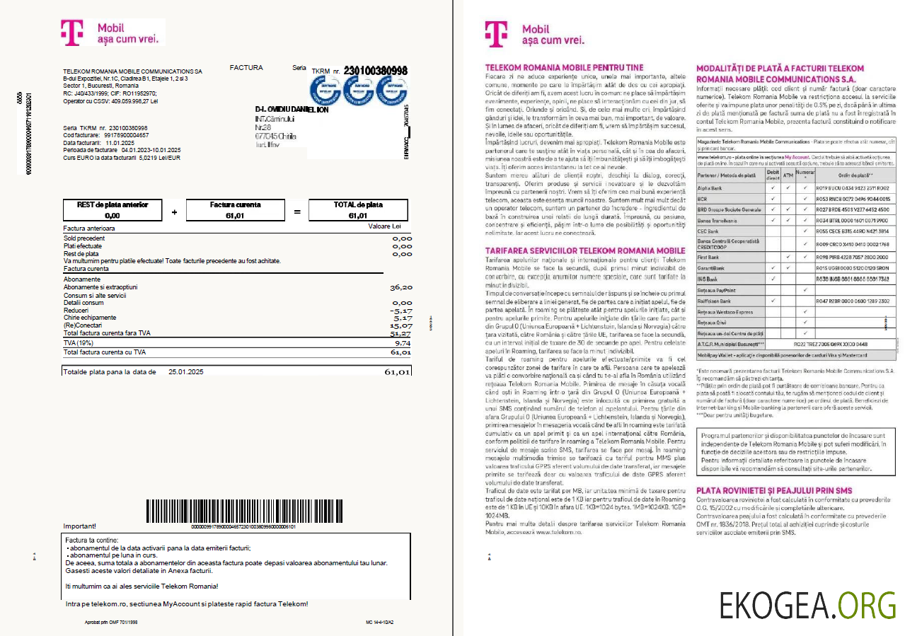 Romania T Mobile utility bill template in Word and PDF formats, 4 pages, 1 2 pages